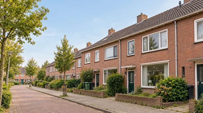 Zonnige Nederlandse woonstraat met rijtjeshuizen en groen